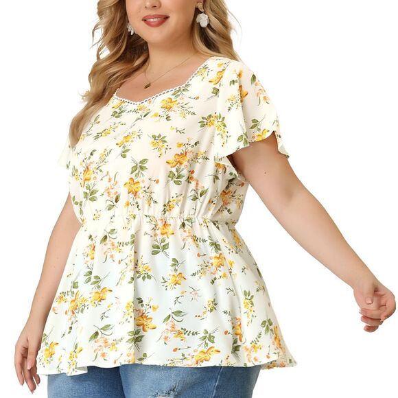 Plus Size Peplum Tops Women Flare Sleeve Sweetheart Neck Floral Blouses White - Picture 2 of 6
